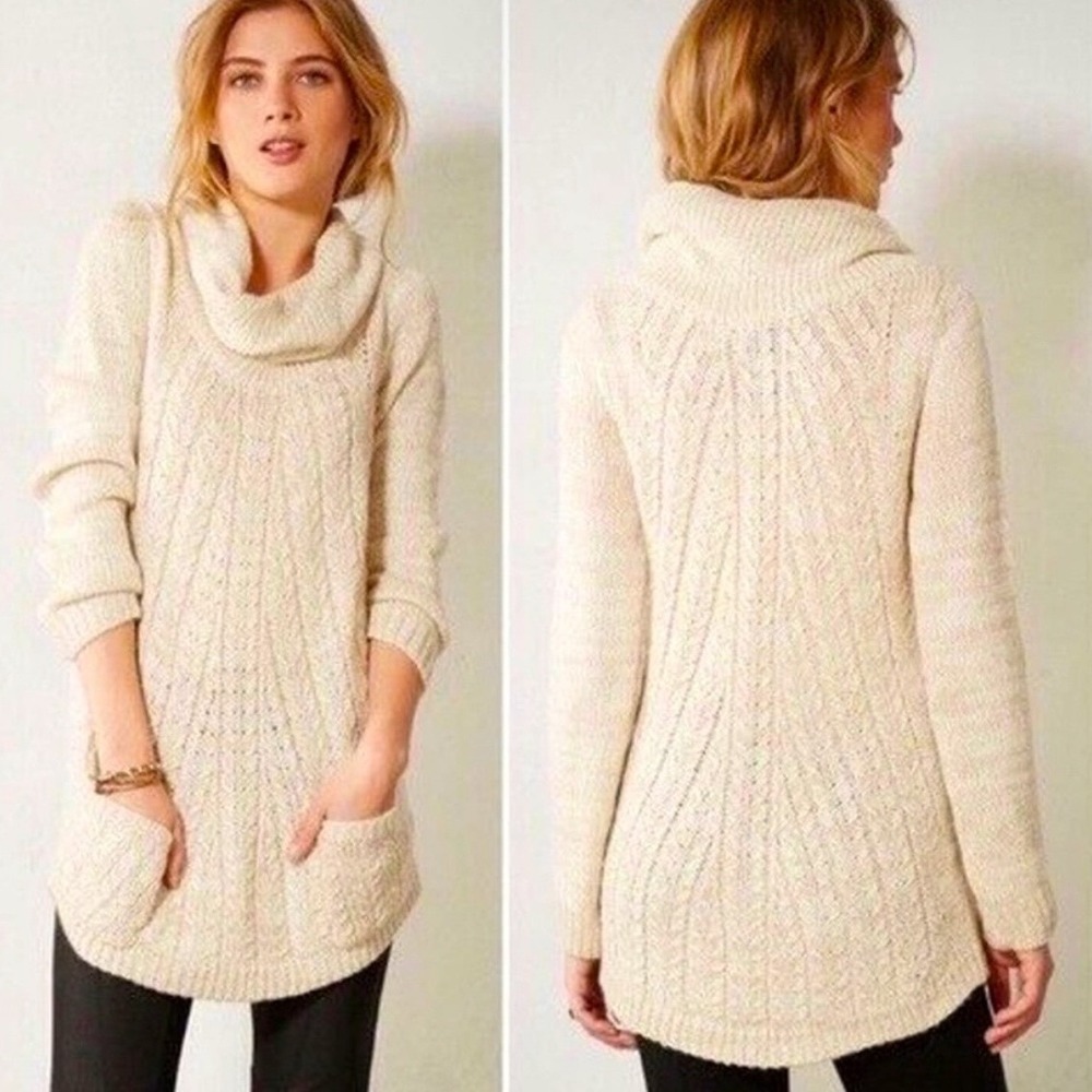 Anthropologie Guinevere Cowl Neck Cable Knit Sweater Tan Beige Wool Mohair L